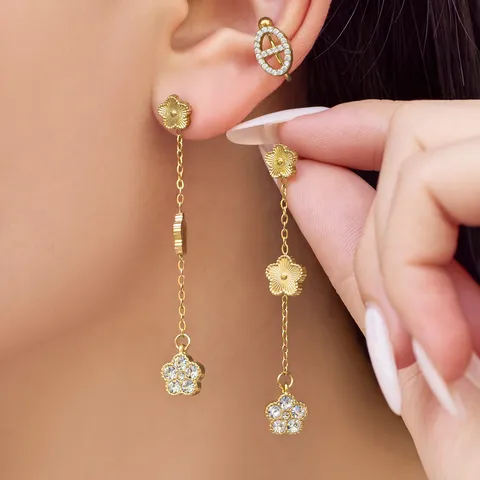 Orecchini a Goccia con Nappina a Fiore in Acciaio Inossidabile Placcato Oro per Donna Intarsio in Zirconia Lunghi Gioielli da Festa