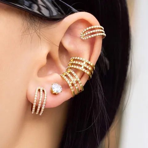 Orecchino a Clip in Acciaio Inossidabile a Tre Strati con Zirconia per Donna Geometrico Minimalista Gioielli Senza Buco