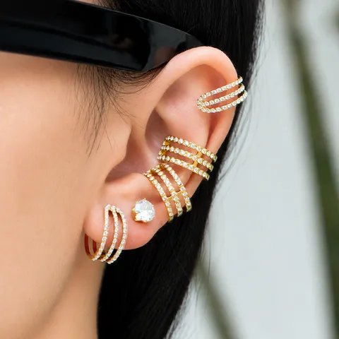 Orecchino a Clip in Acciaio Inossidabile a Tre Strati con Zirconia per Donna Geometrico Minimalista Gioielli Senza Buco