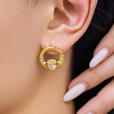 Orecchini a Cerchio Claddagh in Acciaio Inossidabile Vintage Placcati Oro Zirconia Mani Che Tengono il Cuore Gioielli da Donna Accessori Moda F1235