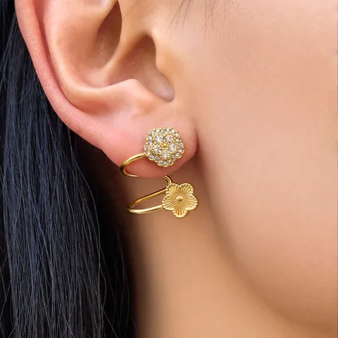 Orecchini a Clip a Spirale in Acciaio Inossidabile con Doppio Fiore e Strass per Donna Gioielli Eleganti per Orecchie Senza Buco