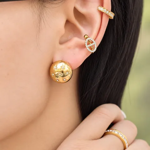 Orecchini a Bottone Sferici Zirconia Stella Lusso Ins Acciaio Inossidabile Gioielli Sfera Stella Oro Donna Moda