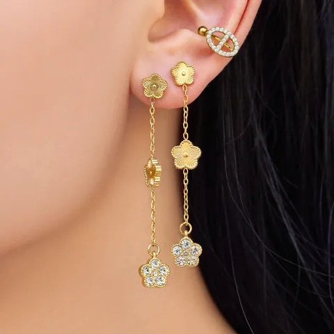 Orecchini a Goccia con Nappina a Fiore in Acciaio Inossidabile Placcato Oro per Donna Intarsio in Zirconia Lunghi Gioielli da Festa