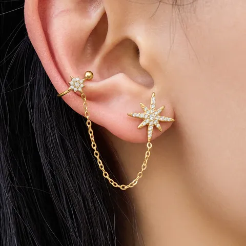 Lussuosi Orecchini a Bottone a Stella in Zirconia in Acciaio al Titanio Placcato Oro 18K Con Catena per Donna Polsino per Orecchio Integrato a Forma di C Gioielli