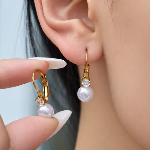 Orecchini Pendenti in Acciaio Inossidabile Placcato Oro 18K per Donna Con Zirconia E Perla Artificiale Gioielli Eleganti