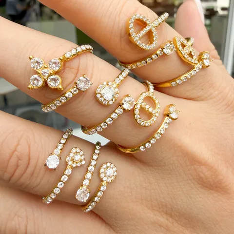 Women 18K Gold Plated Stainless Steel Zirconia Adjustable Open Ring Geometric Heart Eye Style Light Luxury Jewelry Gift