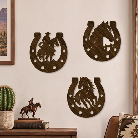 Western Cowboy Horseshoe Wooden Wall Decor Set Rustic Farmhouse Horse Silhouette Laser Cut Poplar Wood Wall Art Sign For Home Decor