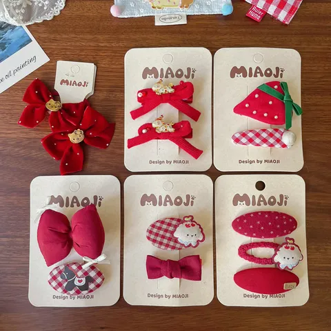 Lindas Pinzas para el Cabello de Tela a Cuadros Fresa para Niñas Lazo Hecho a Mano BB Clips Rojos Accesorios para el Cabello de Niños
