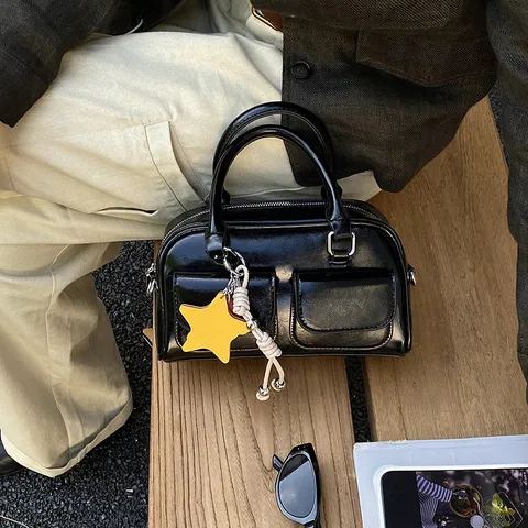 Women's Retro Soft PU Leather Bowling Bag Fashion Textured Handbag Stitched Design Trendy Shoulder Crossbody Bag Star Pendant