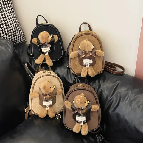 Women Fashion Mini Backpack Faux Suede Teddy Bear Charm Small Shoulder Bag Casual Cartoon Travel Daypack PU Leather Bag