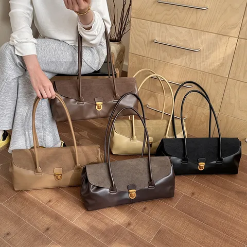 Vintage Fashion Women Shoulder Bag PU Frosted Splicing Underarm Bag Commuter Tote Handbag With Metal Lock Daily Retro Style