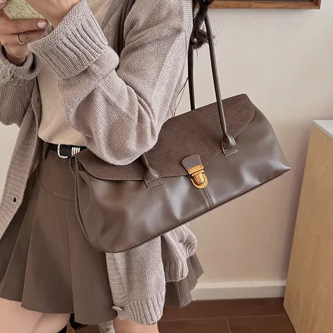 Vintage Fashion Women Shoulder Bag PU Frosted Splicing Underarm Bag Commuter Tote Handbag With Metal Lock Daily Retro Style