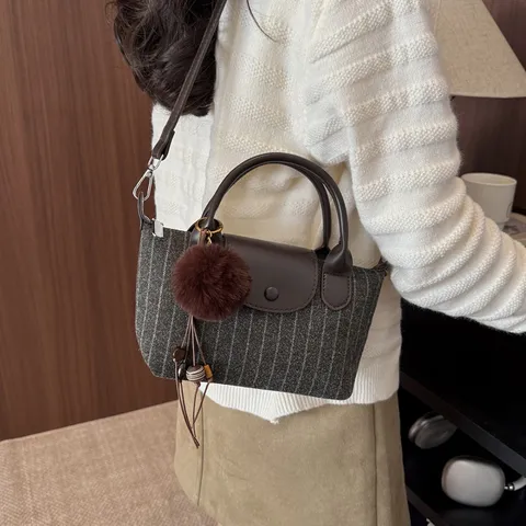 Women Striped Dumpling Bag Vintage Woolen Texture Crossbody Bag Casual PU Leather Patchwork Shoulder Bag With Plush Ball Charm For Daily Commute