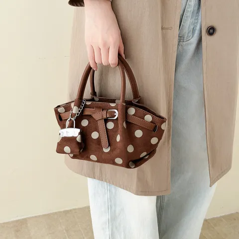 Women Polka Dot Bucket Bag PU Leather Vintage Fashion Top Handle Handbag Minimalist Commuter Crossbody Bag With Metal Buckle And Pendant