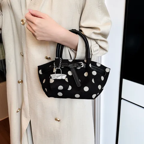 Women Polka Dot Bucket Bag PU Leather Vintage Fashion Top Handle Handbag Minimalist Commuter Crossbody Bag With Metal Buckle And Pendant