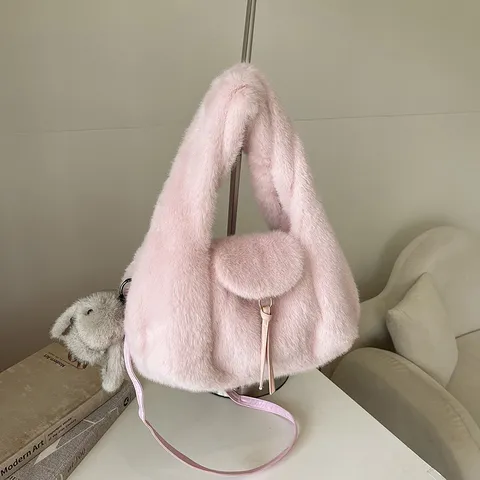 Women Fashion Fuzzy Plush Tote Bag Autumn Winter New All-Match Shoulder Crossbody Bag Faux Fur Handbag With Adjustable Strap