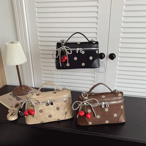 Women's Vintage Polka Dot Handbag Korean PU Suede Crossbody Shoulder Bag With Cherry Pendant Fashion Small Satchel Bag For Daily Dating