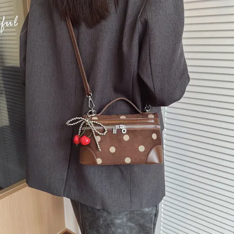 Women's Vintage Polka Dot Handbag Korean PU Suede Crossbody Shoulder Bag With Cherry Pendant Fashion Small Satchel Bag For Daily Dating