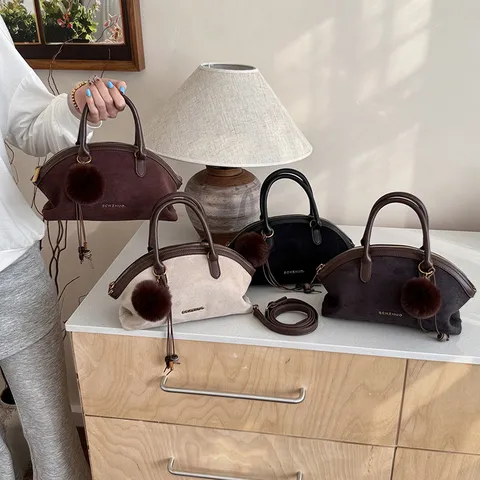 Women Elegant Dumpling Handbag Matte PU Leather Crossbody Bag Fashion Minimalist Shell Tote With Pom Pom Charm Retro Bag
