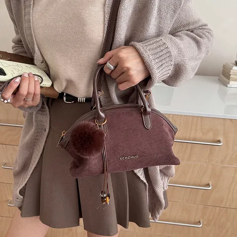 Women Elegant Dumpling Handbag Matte PU Leather Crossbody Bag Fashion Minimalist Shell Tote With Pom Pom Charm Retro Bag