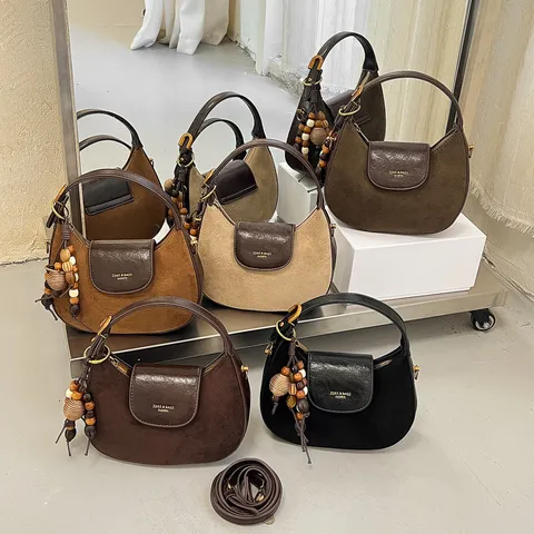 Women Retro Maillard Crescent Bag Minimalist PU Leather Suede Splicing Shoulder Crossbody Handbag With Wooden Beads Pendant