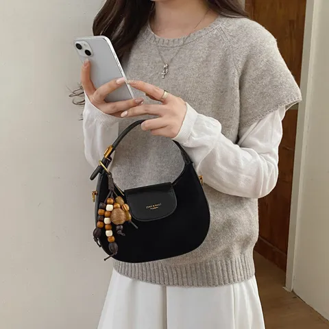 Women Retro Maillard Crescent Bag Minimalist PU Leather Suede Splicing Shoulder Crossbody Handbag With Wooden Beads Pendant