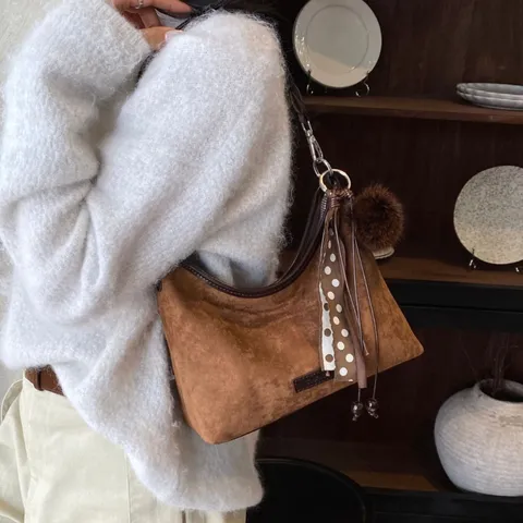 Women Korean Casual PU Suede Dumpling Bag Large Capacity Shoulder Crossbody Bag With Fur Ball Silk Scarf Vintage Handbag