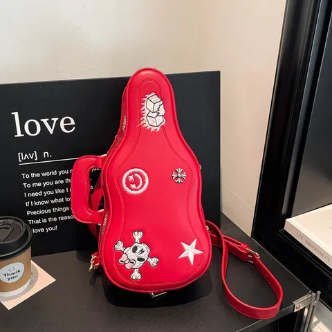 Women Rock Punk Guitar Shaped Handbag Fashion Crossbody Bag Rivet Strap Embroidery Skull Star Decor Shoulder Bag Daily