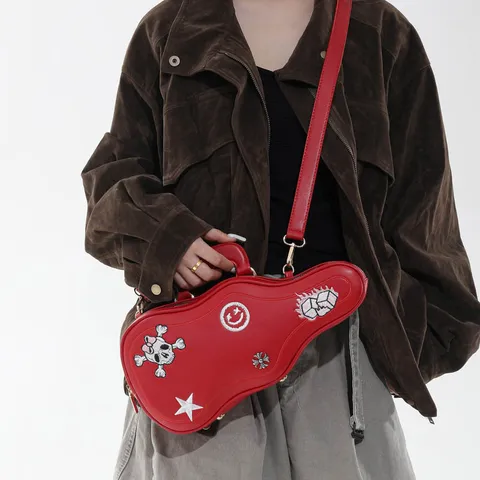 Women Rock Punk Guitar Shaped Handbag Fashion Crossbody Bag Rivet Strap Embroidery Skull Star Decor Shoulder Bag Daily
