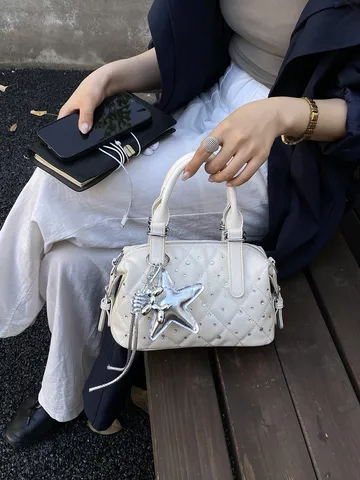 Women Rhinestone Quilted Boston Bag Fashion PU Leather Handbag With Star Pendant Top Handle Crossbody Shoulder Bag For Daily Use