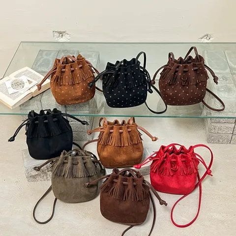 Vintage Polka Dot Tassel Drawstring Bucket Bag For Women Faux Suede Small Shoulder Crossbody Bag Bohemian Retro Purse