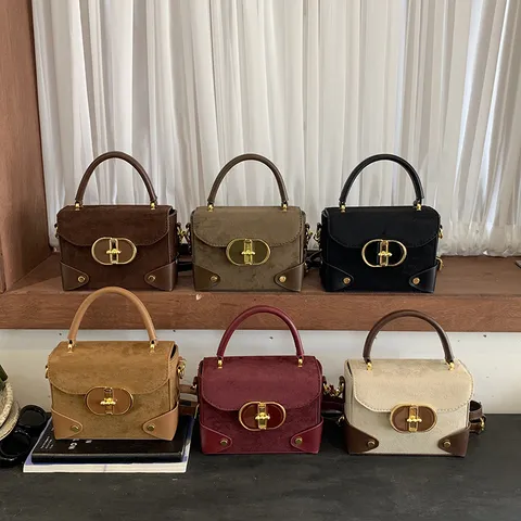 Women Vintage Contrast Color Quilted PU Leather Suede Look Small Square Bag Top Handle Crossbody Shoulder Handbag For Daily Use