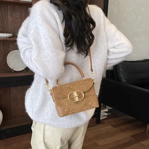 Women Vintage Contrast Color Quilted PU Leather Suede Look Small Square Bag Top Handle Crossbody Shoulder Handbag For Daily Use