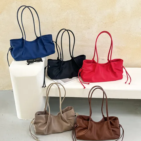 Korean Style Drawstring Tote Bag For Women Large Capacity Nylon Shoulder Bag Niche Design Minimalist Solid Color Commuting Handbag