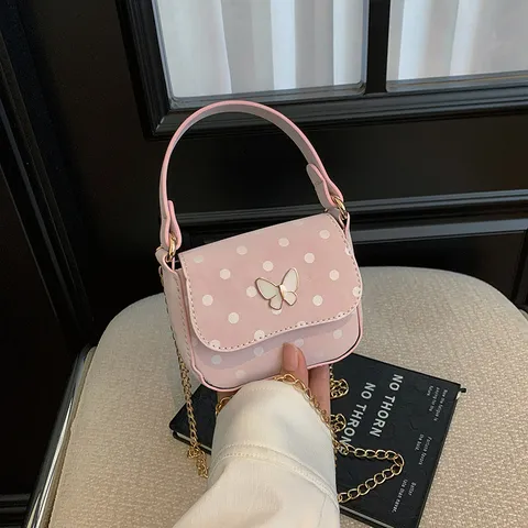 Women Mini PU Leather Crossbody Bag Polka Dot Print Butterfly Buckle Metal Chain Strap Sweet Korean Style Square Handbag