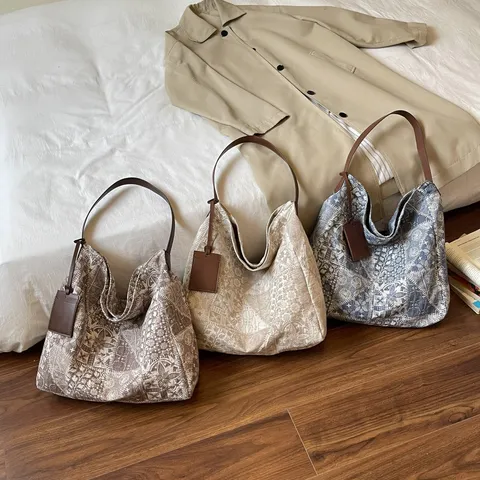 Women Korean Style Retro Jacquard Tote Bag Large Capacity Fabric Shoulder Bag Casual Handbag For Daily Commuting Office Travel