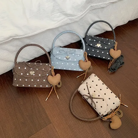 Women Fashion Polka Dot Small Square Bag Exquisite PU Leather Underarm Bag With Bow Heart Pendant Versatile Shoulder Bag