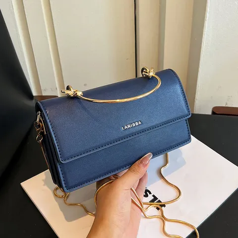 French Vintage Style PU Leather Small Square Bag For Women Gold Metal Handle Chain Crossbody Shoulder Handbag Daily Party Accessory