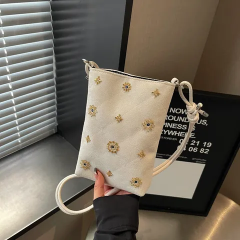 Vintage Ethnic Suede Rhomboid Mobile Phone Bag For Women Retro Star Studded Small Crossbody Bag Casual Shoulder Bag