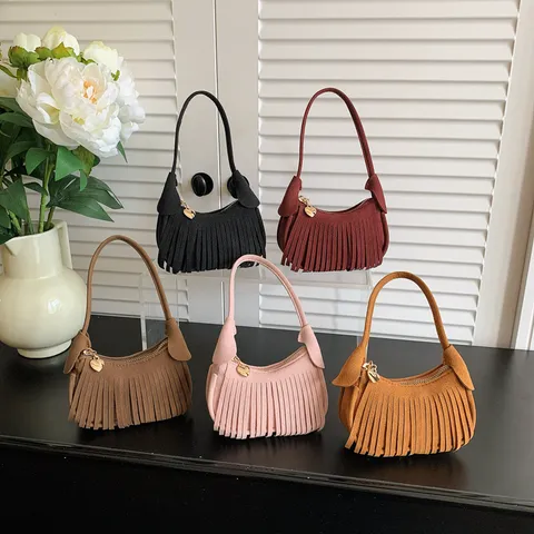 Women Mini Tassel Handbag Faux Suede PU Leather Underarm Bag Solid Color Simple Fashion Purse With Heart Pendant For Daily Commute