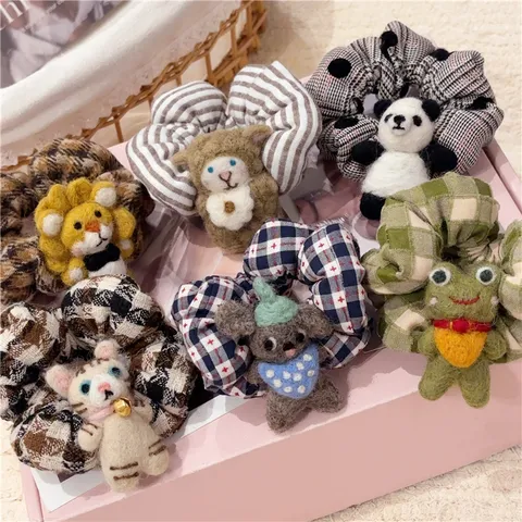 Japanese Korean Cute Wool Felt Animal Scrunchie Fabric Patterned Hair Tie Sweet Handmade Ponytail Holder Accessory For Women Girls