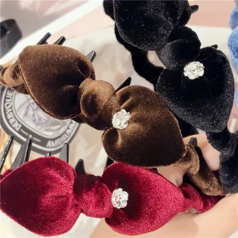 Sweet Velvet Bow Headband Padded High Top Hair Hoop For Women Rhinestone Knot Hairband Ins Style Hair Accessories Headwear