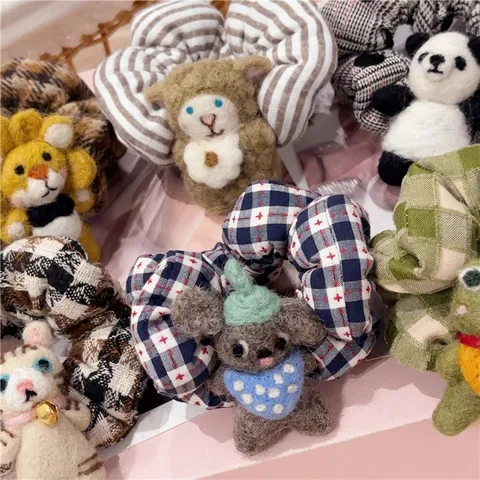 Japanese Korean Cute Wool Felt Animal Scrunchie Fabric Patterned Hair Tie Sweet Handmade Ponytail Holder Accessory For Women Girls