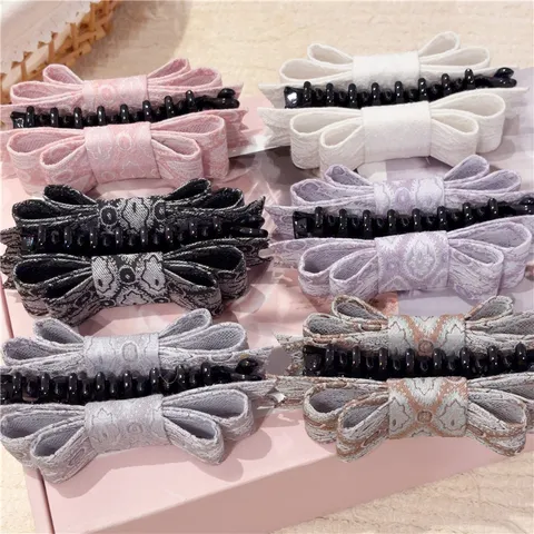 Elegant Fabric Bowknot Banana Hair Clip For Women Retro Jacquard Pattern Vertical Ponytail Holder Handmade Hair Accessory