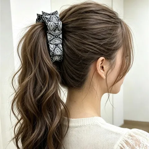 Elegant Fabric Bowknot Banana Hair Clip For Women Retro Jacquard Pattern Vertical Ponytail Holder Handmade Hair Accessory