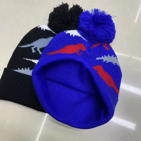 Kids Winter Knit Beanie Hat Cartoon Jacquard Pattern Faux Fur Pom Pom Cuffed Warm Beanie Cap For Boys Girls Toddler Polyester