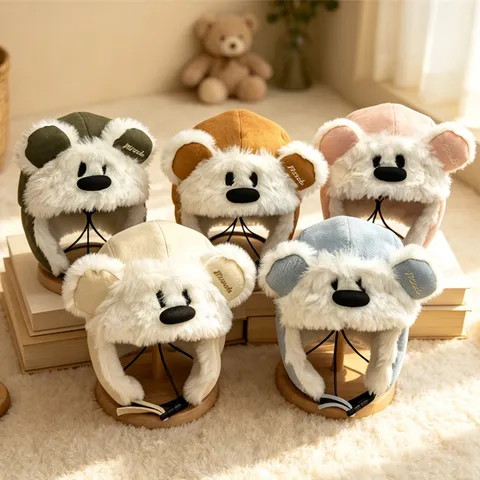 Colbacco per Bambini Orsetto Cartone Animato Antivento Caldo Cappello con Paraorecchie in Peluche per Ragazzi Ragazze Inverno All'aperto