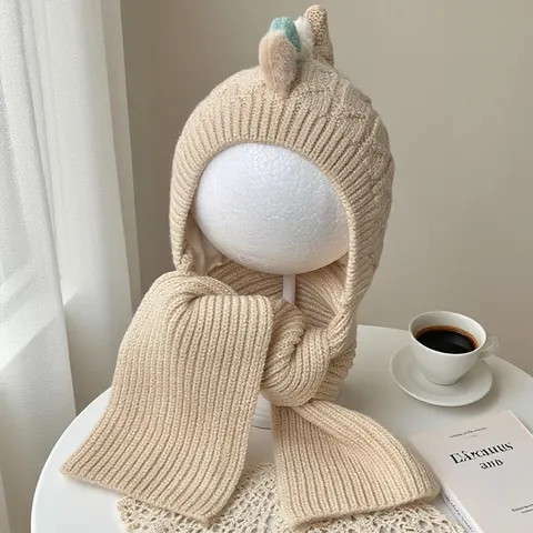Cute Kids Knit Hat Scarf Set Winter Warm Pointed Beanie With Animal Ears Pompom Outdoor Thermal Crochet Cap For Boys Girls