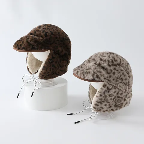 Kids Trapper Hat Leopard Print Plush Sherpa Lined Winter Warm Windproof Ear Flaps Hat With Cartoon Eyes For Boys Girls