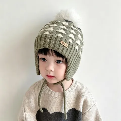 Toddler Winter Knit Hat Ear Protection Warm Thick Windproof Hairball Geometric Jacquard Beanie For Boys Girls